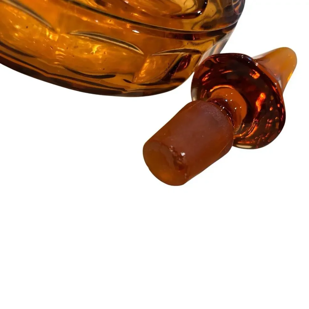Vintage Empoli Italy Wide Panel Ribbed Glass Decanter & Stopper Amber*